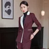 Women's Two Piece Pants Long Sleeve Striped Stitching Fashion Suit Fabric Wine Red Work Uniforms Navy Blue Business Wear Tooling