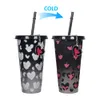 24oz/710ML 2PC set Leopard Print Love Pendant Color Changing Cup Reusable Plastic Tumbler With Lid and Straw Cold Cup Valentine's Day Theme Pink Love Discoloration