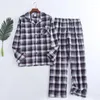 Vêtements de nuit pour hommes Automne Hiver Pyjamas en coton pour hommes à manches longues Tops Pantalons Pyjamas Set Home Wear Plaid Print Nightwear Soft Comfort