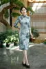 Etnik Giyim Bej Siyah 3/4 Kollu Orta Uzun Cheongsam Plus Zarif Geleneksel Gece Elbiseleri Çin tarzı Vintage Elbise Qipao