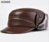 SILOQIN Winter Thick Warm Earmuffs Cap Genuine Leather Hat Men039s Sheepskin Leather Army Military Hat Flat Cap Velvet Dad0391416126