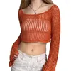 Women's T Shirts Y2k Crochet Knit Hollow Out Crop Top Women Aesthetic Clothes Solid Color Long Sleeve Fishnet Bikini Cover Up Beachwear