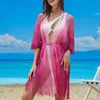 Damesbadmode zomer kleurblokkering mesh cover-up jurk dames doorzichtige kwastjes kiel holle stropdas taille losse strandkleding