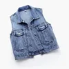 Dames Klassiek Revers Cropped Denim Vest Koreaanse stijl Zak Slim Jean Chalecos Mujer Zomer Streetwear Blauw Mouwloos jasje