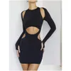 Basic Casual Jurken Uitgesneden Sexy Zwarte Jurk Soild Bodycon Katoen Lange Mouw Mini Gewaden Mode Club Party Dameskleding Vest Dhbzj