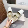 JC Jimmynessity Choo häl tofflor Ny högkvalitativ pärlskor Middle Open tå Rhinestone Sandals Fairy Style Thick Heel Flat Belt Women's Shoes