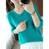 Kvinnors T-skjortor T-shirt Summer Pure Cotton Sticked Split Sleeve Casual Solid Tees Loose V-Neck Tops Basic Ladies Blus