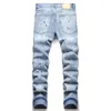 Pintura slim-fit jeans masculino emendado azul rasgado pequeno reto calças jeans buracos packwork meados de cintura streetwear