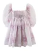 Klänningar 2022 Princess Pink Tie Dye Colored Floral Print Organza Ball Gown Dress Puff Sleeve Women Swing Mini Dresses Fairy Robe Vestidos