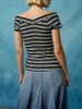 Women's T Shirts Ribbed V-Neck Top Off Shoulder Striped Print Slim Fit T-Shirts Y2k 90S Short Sleeve Streetwear