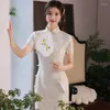 Ethnic Clothing Women Chinese Style Print Slim Cheongsam French Retro Lace Sexy Mini Dress Vintage Oriental Qipao Party Dresses Bodycon