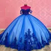 Robe Quinceanera bleue, épaules dénudées, fête mexicaine, douce 16 robes De bal en dentelle, paillettes appliquées, perles, robes De XV 15 Anos