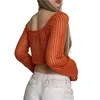 Women's T Shirts Y2k Crochet Knit Hollow Out Crop Top Women Aesthetic Clothes Solid Color Long Sleeve Fishnet Bikini Cover Up Beachwear