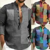 Men's Casual Shirts Men Long Sleeve Geometric Diagram Button Down Henley V Neck Stand Collar Shirt Tops Blouse Dress Youth