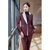 Women's Two Piece Pants Long Sleeve Striped Stitching Fashion Suit Fabric Wine Red Work Uniforms Navy Blue Business Wear Tooling