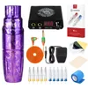 Machinemast Rotary Tattoo Hine Permanente make-up Pen Gun Set Paarse Hine met LCD Mini-voeding Naalden Cartridge Tattoo Kit