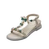 Scarpe eleganti 2023 Moda Donna Sandali Open Toe Zeppe basse T-strap Grande strass Sandali estivi Bohemian Verde Casual