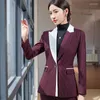 Women's Two Piece Pants Long Sleeve Striped Stitching Fashion Suit Fabric Wine Red Work Uniforms Navy Blue Business Wear Tooling