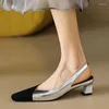 Sandales femmes bout carré noir Patchwork pompes or argent Slingbacks mi talons été femme robe chaussures à talons taille 35-40