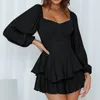 Robes décontractées Mode Dames Boho Romper À Manches Longues Double Couche À Volants Ourlet En Mousseline De Soie Courte Fée Princesse Mini Robe Combinaison Combishorts