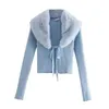 Sweaters Ladies Autumn and Winter Fashion Faux Fur Collar Knitted Blue Short Cardigan Ladies Chic Lace Sweater Women