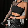 Dames T-shirts Sexy off-the-shoulder backless crop top dames glanzende strass veren T-shirt holle doorzichtige mesh rave festival