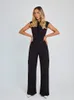 2023 new temperament strap waist jumpsuit womens solid color V-neck sleeveless wide-leg jumpsuit