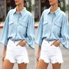 Kvinnors blusar RDMQ 2023 Autumn Solid Denim Shirts For Women Puff Sleeve Blaus Loose Casual Fashion Youth Shirt Tops