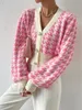Feminino outono e inverno casaco houndstooth padrão lanterna manga de malha cardigan camisola blusa casual moda estilo de deslocamento 231229