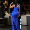 Royal Blue Plus Size Aso Ebi Prom Dresses for Special Occasions Mermaid Illusion Long Sleeves Lace Beaded Promdress Elegant Evening Dress Engagement Gowns ST725