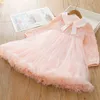 2024 Spring girls stereo flowers pink lace tulle dresses kids doll lapel long sleeve gauze princess dress Valentine's Day children party clothes Z6399