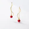 Dangle Earrings LAVIFAM 925 Sterling Silver Red Synthetic Pearl Wavy Long Ear Line For Women Thin Earring Jewelry