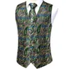 Blazers Hitie Green Paisley Novely Silk Men Slim Waistcoat slips Set For Suit Dress Wedding 4pcs Vest Slipsan Hanky ​​Cufflink Set