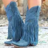 Para mulheres plataforma franja borla midcalf longo joelho inverno botas ocidentais sapatos de cowboy botas mujer