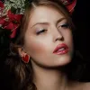 Vintage Red Heart Stud Earring Women Heart 14k Yellow Gold Earrings Wedding Statement Earrings Fashion Party Jewelry