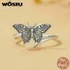 Wostu 925 Sterling Silver Butterfly örhängen Öppen ring set oxiderad för Women Girl Party Gift Vintage Justerbara smycken 231229