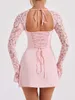 Party Dress Women's Elegant Luxury Pink Lace Long sleeved Dress Cute and Unique Basic Flower Splicing Sexy Casual Slim Fit Autumn Dress 231230
