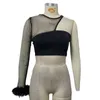 Dames T-shirts Sexy off-the-shoulder backless crop top dames glanzende strass veren T-shirt holle doorzichtige mesh rave festival