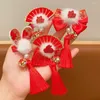 Hårtillbehör Plush Children Red Bow Hairpin Fan Chinese Year Headwear Ancient Tang Suit Clip Style