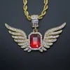 Hip Hop Angel Wings med Big Red Ruby Pendant Halsband för män Kvinnor Iced Out Jewelry3382