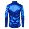 Camicie casual da uomo Camicia elegante in seta blu royal da uomo Chemise 2023 Raso liscio Party Prom Busienss Matrimonio maschile con papillon