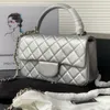 All Silver Women Designer Classic Flap Bag with Handle Caviar Calfskin Leather Silver Hardware Matelasse Chain Luxury Clutch Purse Cross Body Shoulder Handbag