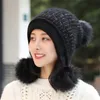 Women Autumn Winter Rabbit Fur Blend Beanie Pompom Fur Knitted Hat Fashion Sweet Warm Earflap Cap Elasric Outdoors Skullcap 231229