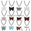 Pendant Necklaces Crystal Stone Butterfly Necklace Hand Carved Natural Gemstone Ladies Party Fashion Accessories Whit Chains Drop De Dhw94