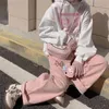 Abito da donna Casual Baggy Cartoon moda coreana pantaloni di velluto a coste Harajuku Streetwear Kawaii rosa pantaloni a vita alta gamba felpata femminile