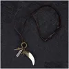 Pendant Necklaces Bronze Animal Tooth Necklace Wolf Retro Letter Id Cross Charm Adjustable Leather Chain For Women Men Hip Hop Fashi Dhnsu