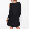 Casual Dresses Women Elegant Short Prom Dress Shiny Sequin Trim Hollow Out Mesh Long Sleeve Temperament Black Mini Evening