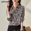 Blusas femininas 2023 primavera outono moda leopardo impressão chique rua botão até camisas casual simples manga longa solta topos para mulher