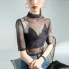 Kadın Tişörtleri Yüksek Kalite 2023 Kadın Üstleri T-Shirt Netting Baskı Kadın Gezayoz Kıyafetleri Kış Sonbahar Seksi Mahsul Giysileri Günlük Bluz Y2K