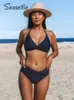 Tragen Sie Seaselfie Neckholder-Bikini-Sets mit V-Ausschnitt und mittlerer Taille, Badeanzug für Frauen, sexy Wickel-Rückenhaken, zweiteilige Badebekleidung, 2023 Badeanzug